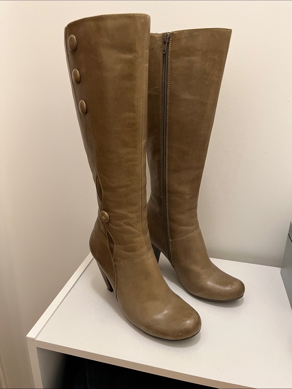 Miz Mooz Knee-High Buttoned Heeled Boots in Tan/khaki